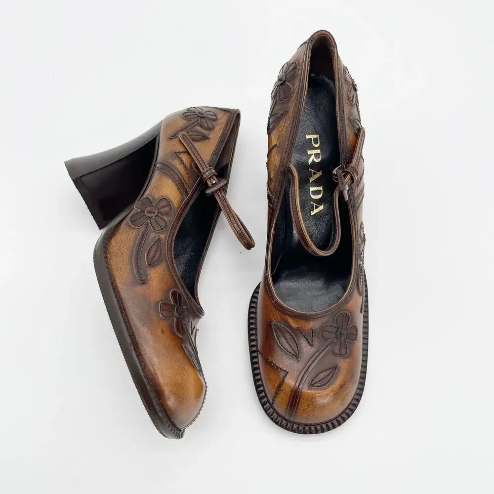 Prada Vintage 1996 Floral Appliqué Antiqued Leather Mary Jane Heels IT 38.5